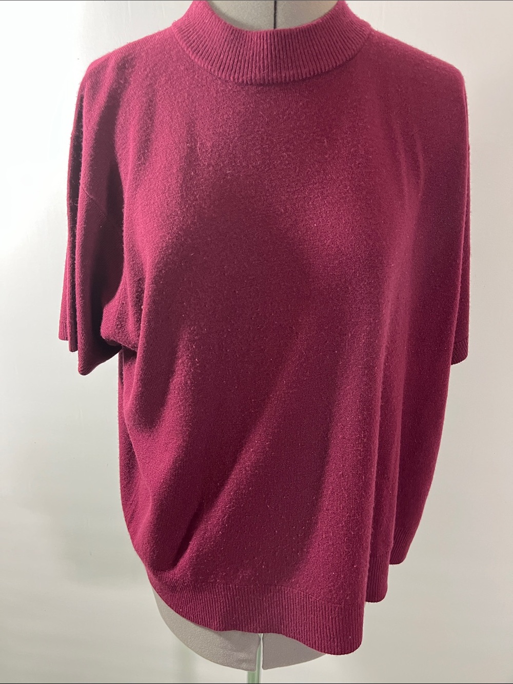 Sag Harbor Women's Short-Sleeve Ribbed Mock Neck Top in Burgundy Size 1X